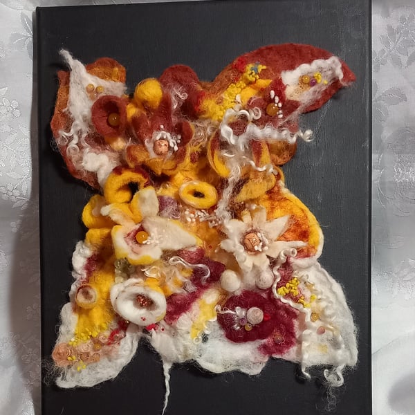 3D Wet-felted organic wall hanging on canvas. Vibrant autumn colours.