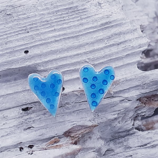 Enamel dotty heart studs-Aqua Blue