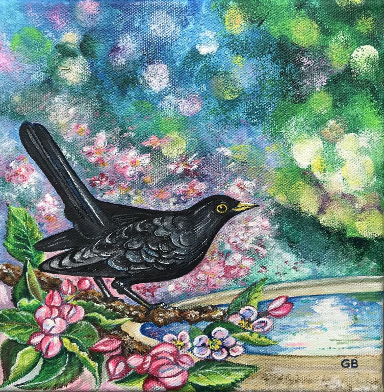 Blackbird Painting, Original Painting , Garden Painting, Small Painting