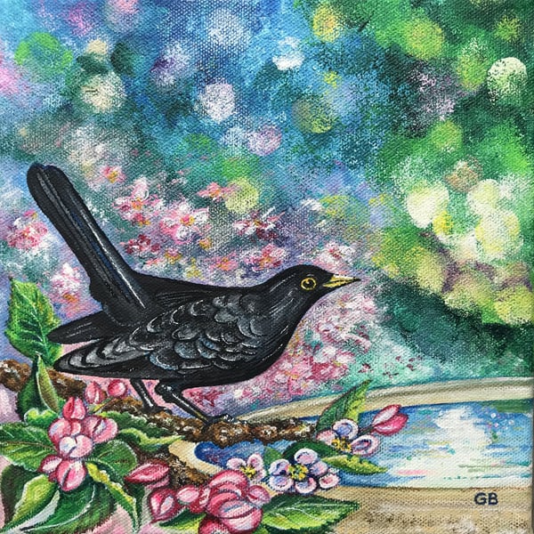 Blackbird Painting, Original Painting , Garden Painting, Small Painting