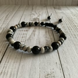 Earth Jasper and Black Onyx adjustable hemp and linen unisex bracelet