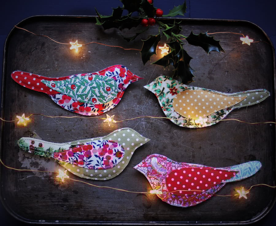 Christmas fridge magnet birds made from recycled fabric in assorted colours