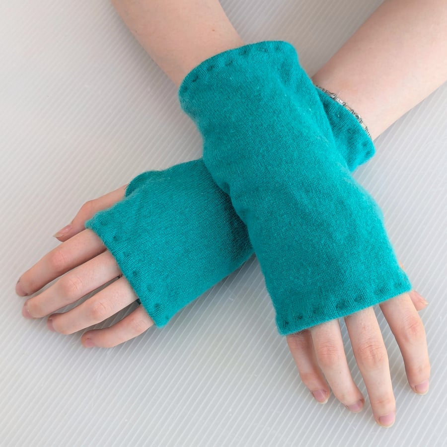 Super Soft Green Cashmere Wrist Warmers Upcycled from recycled knitwear 