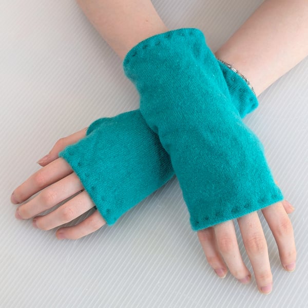 Super Soft Green Cashmere Wrist Warmers Upcycled from recycled knitwear 