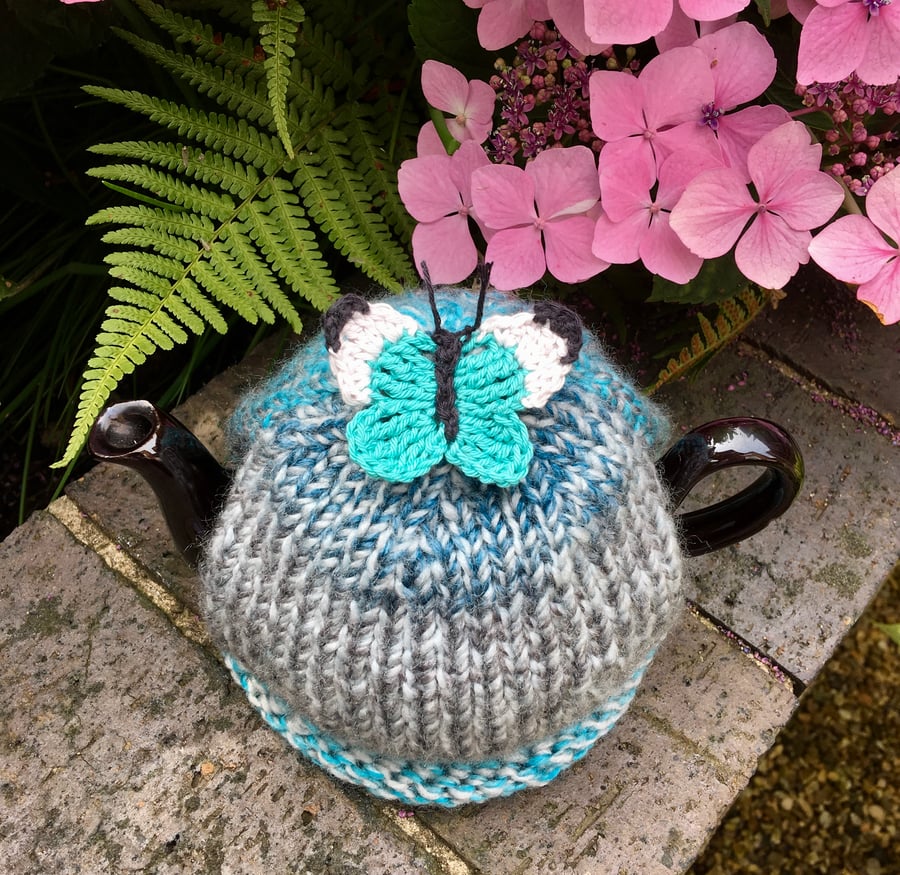 Turquoise Butterfly Tea Cosy, Small One Cup Teapot Cosy