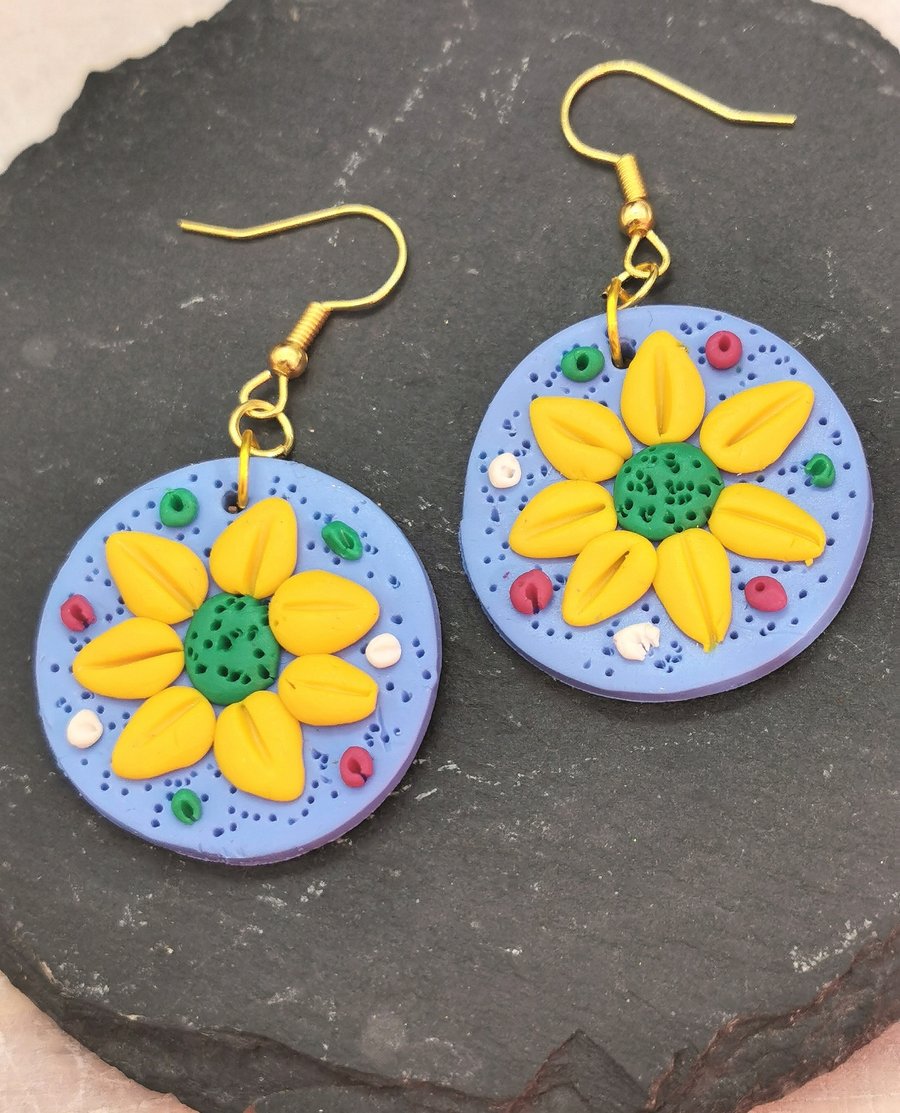 Handcrafted, polymer clay, yellow flower disc earrings.