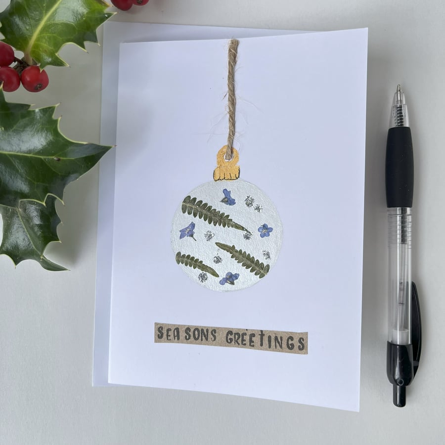 Handmade Real Pressed Ferns and Forget-me-not Bauble Christmas Card 2
