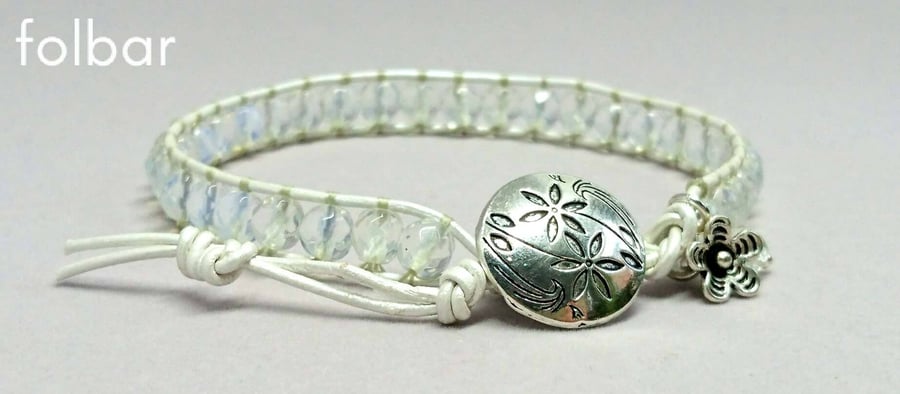 SALE silver leather and opalite bracelet for October birthdays