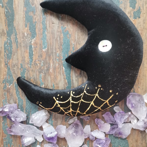 Black velvet textile art moon wall hanging, cobweb, gothic