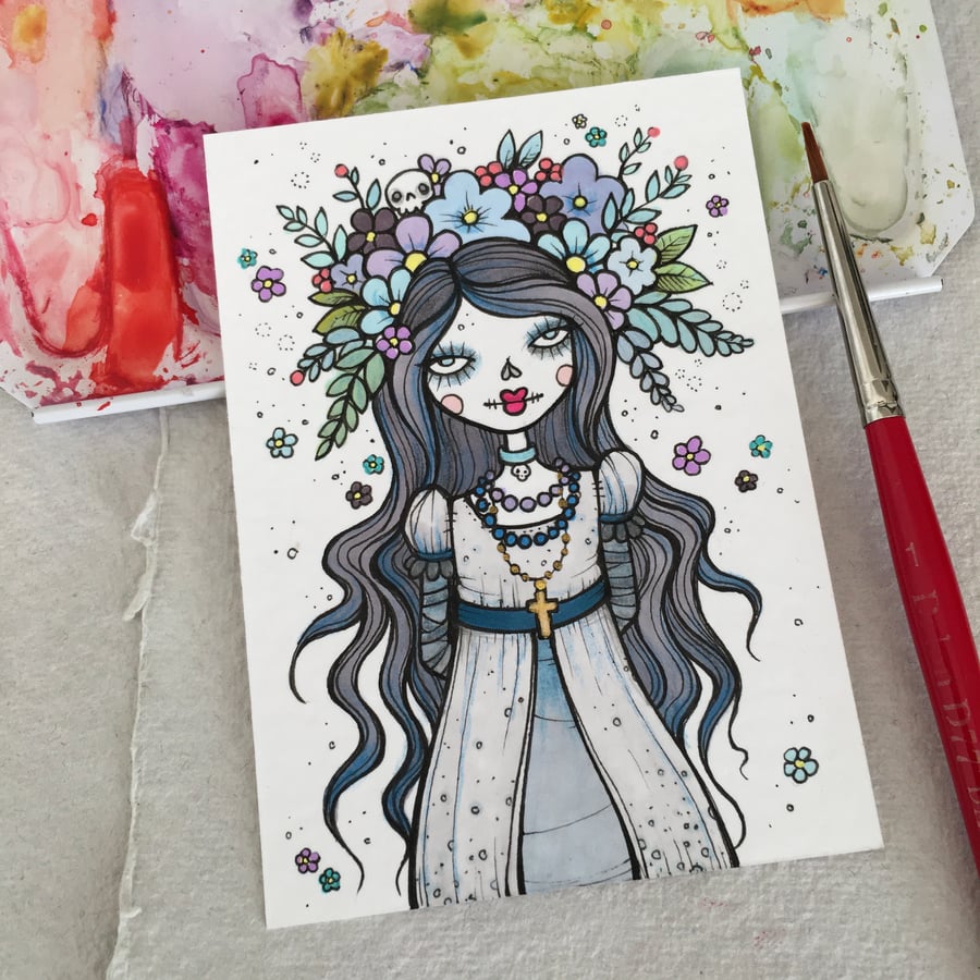 blue winter witch - original aceo 