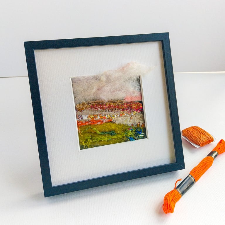 Felted landscape, wool and stitch art, A windy day on the Lake District Fells 