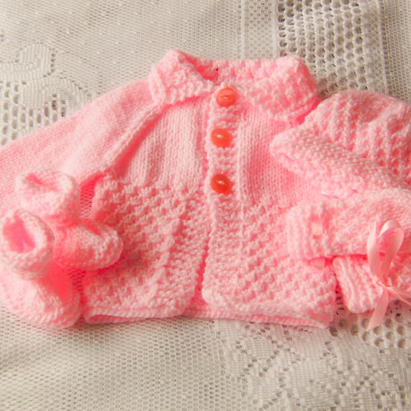 Baby Girl's Hand Knitted 4 Piece Cardigan Set, Baby Shower Gift, New Baby Gift