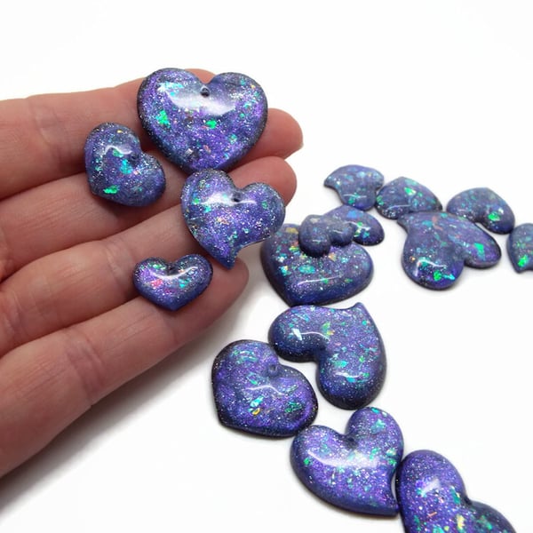 16 Handmade Heart Charms in Blue with Glitter & Metallic Inclusions