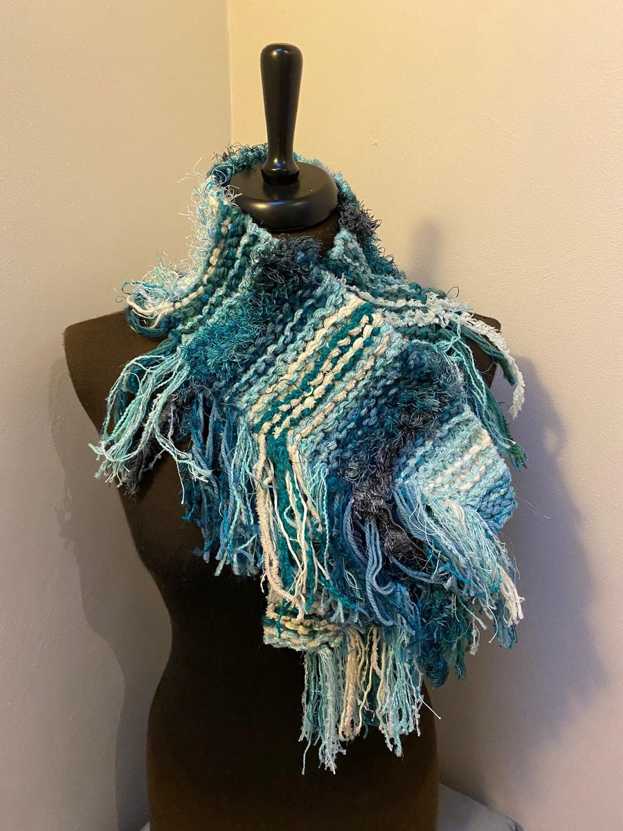 Hand Knitted Textured Scarf with Fringe Sea colours Blues, Greens & Sparkle