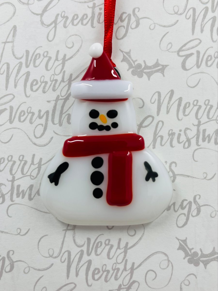 Handmade Fused Glass Snowman Hanging Christmas Decoration 