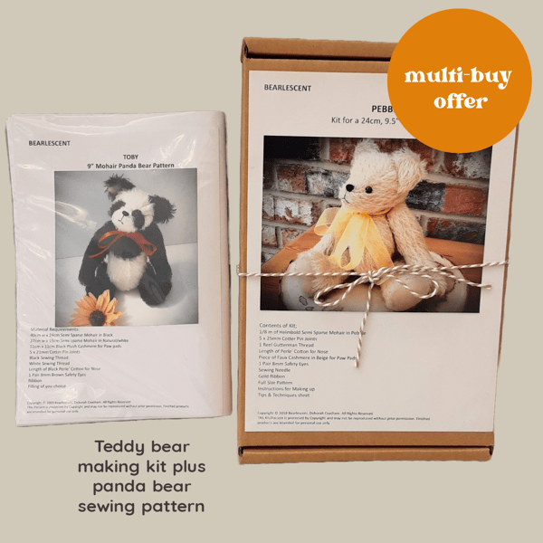 Mohair Teddy bear kit to make your own bear with panda bear sewing pattern