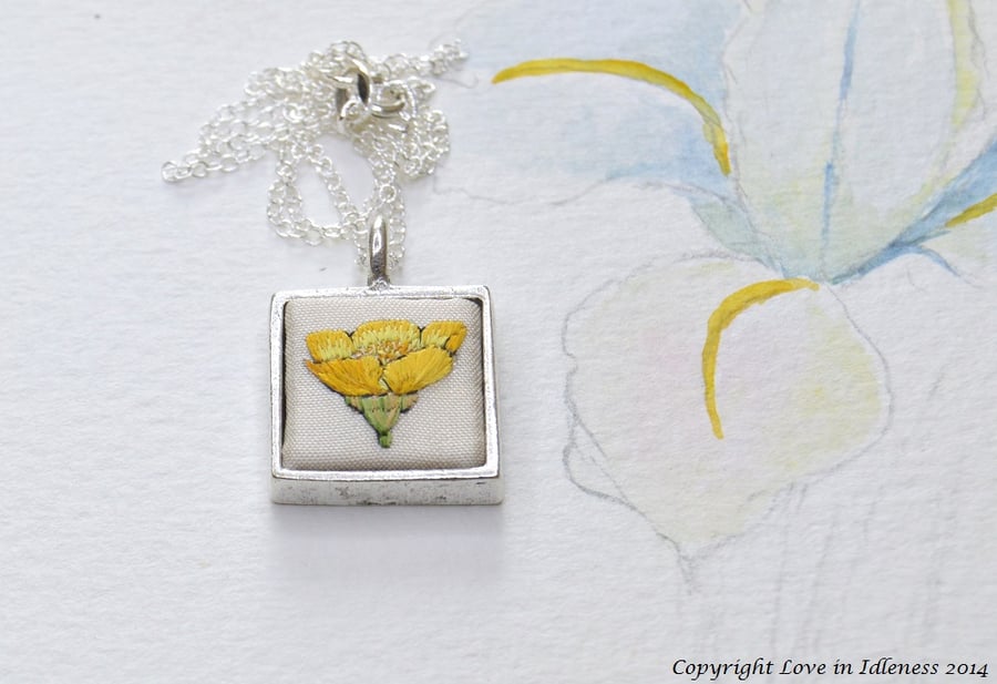 Silk hand embroidered buttercup flower pendant