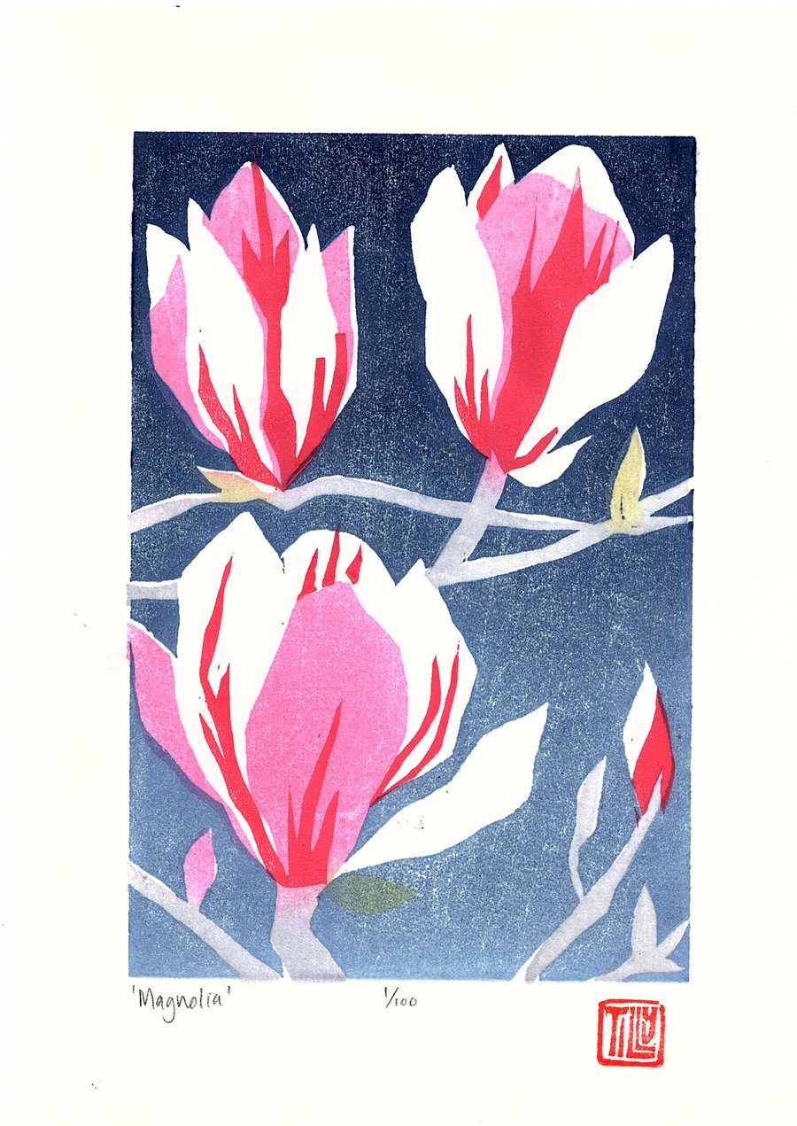 Magnolia, woodblock print, woodcut, Japanese, printmaking, wall art, pink, blue
