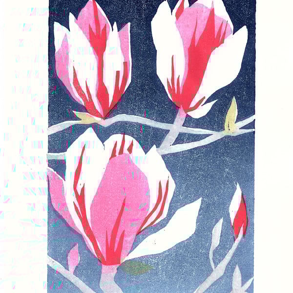 Magnolia, woodblock print, woodcut, Japanese, printmaking, wall art, pink, blue