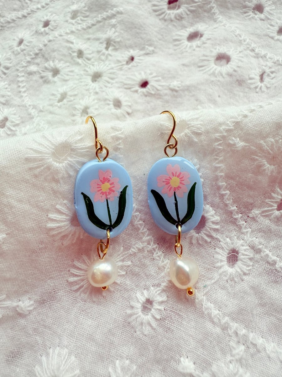 Pink Flower Pearl Drop Polymer Clay Earring - FREE SHIPPING