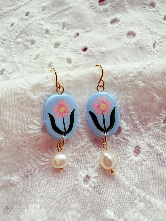 Pink Flower Pearl Drop Polymer Clay Earring - FREE SHIPPING