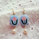 Pink Flower Pearl Drop Polymer Clay Earring - FREE SHIPPING