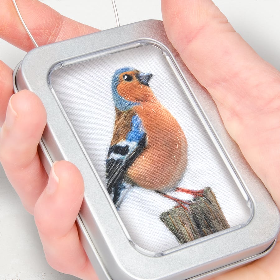 Chaffinch, little 3D fabric Chaffinch picture framed in a tin, gift, ornament
