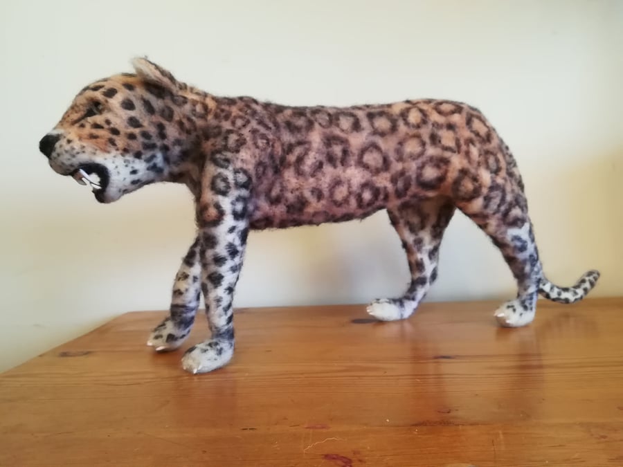 Leopard cat bigcat needle felted wool sculpture, collectable OOAK artist softscu