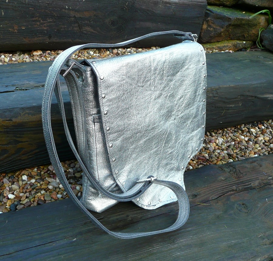 Silver leather crossbody bag, silver shoulder bag, leather biker bag