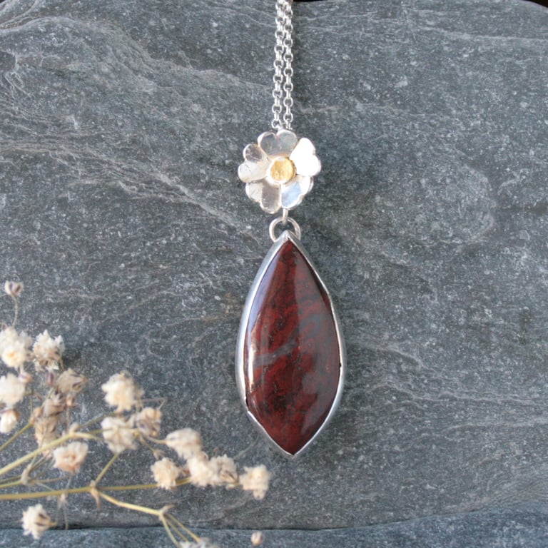 Scottish Jasper gemstone necklace, red gemstone pendant, botanical necklace