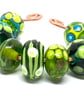 Handcrafted Lamp-work glass Beads – Spring green raised Flowers botanical set