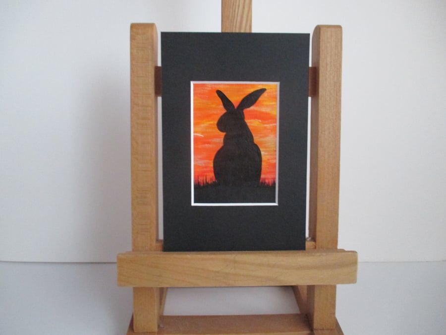 Bunny Rabbit ACEO painting Silhouette original art mounted ready to frame sunset
