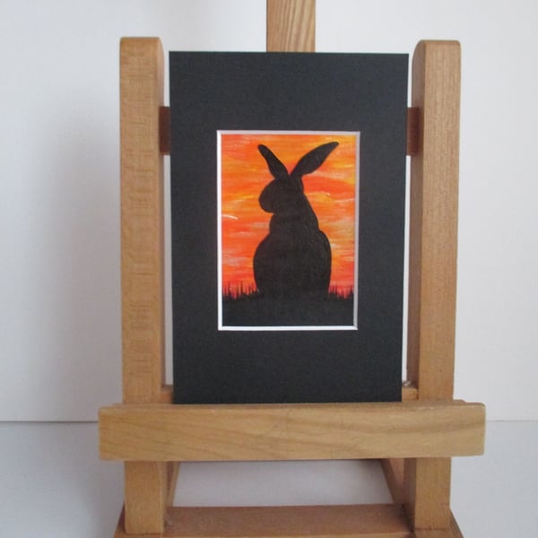 Bunny Rabbit ACEO painting Silhouette original art mounted ready to frame sunset
