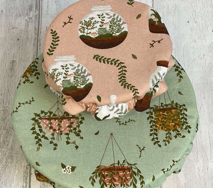 Reusable bowl covers - set of two, small and extra small. House plant pattern