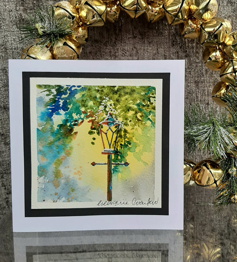 Blank Christmas Handmade Card. Lantern. Handpainted Card Keepsake