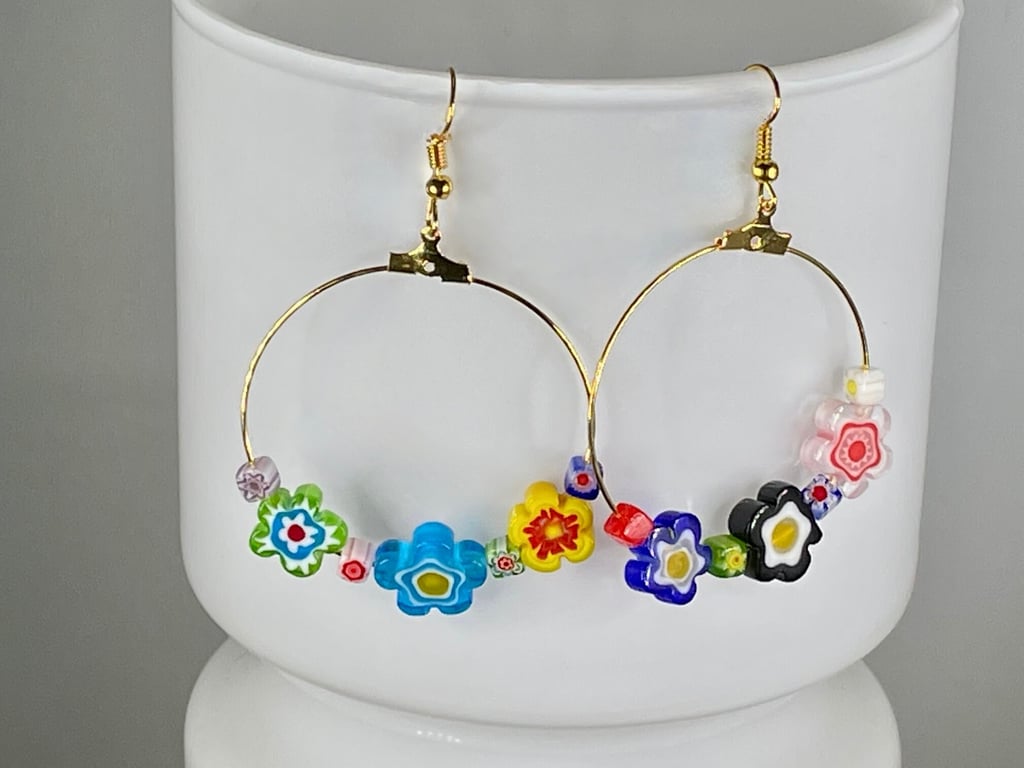 MISMATCHED FLOWER HOOPS murano glass lampwork gold plated creole