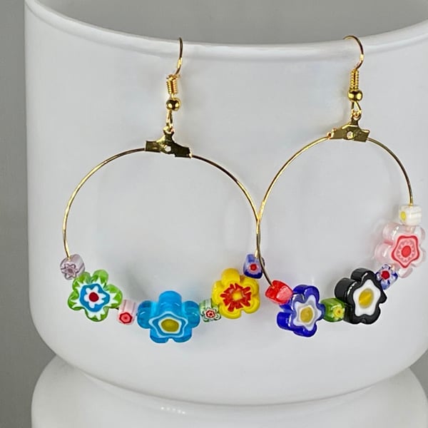 MISMATCHED FLOWER HOOPS murano glass lampwork gold plated creole