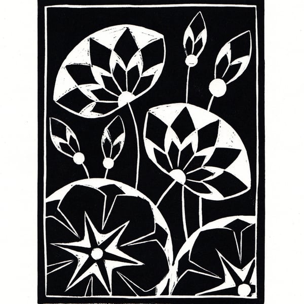 Black and White flower linoprint