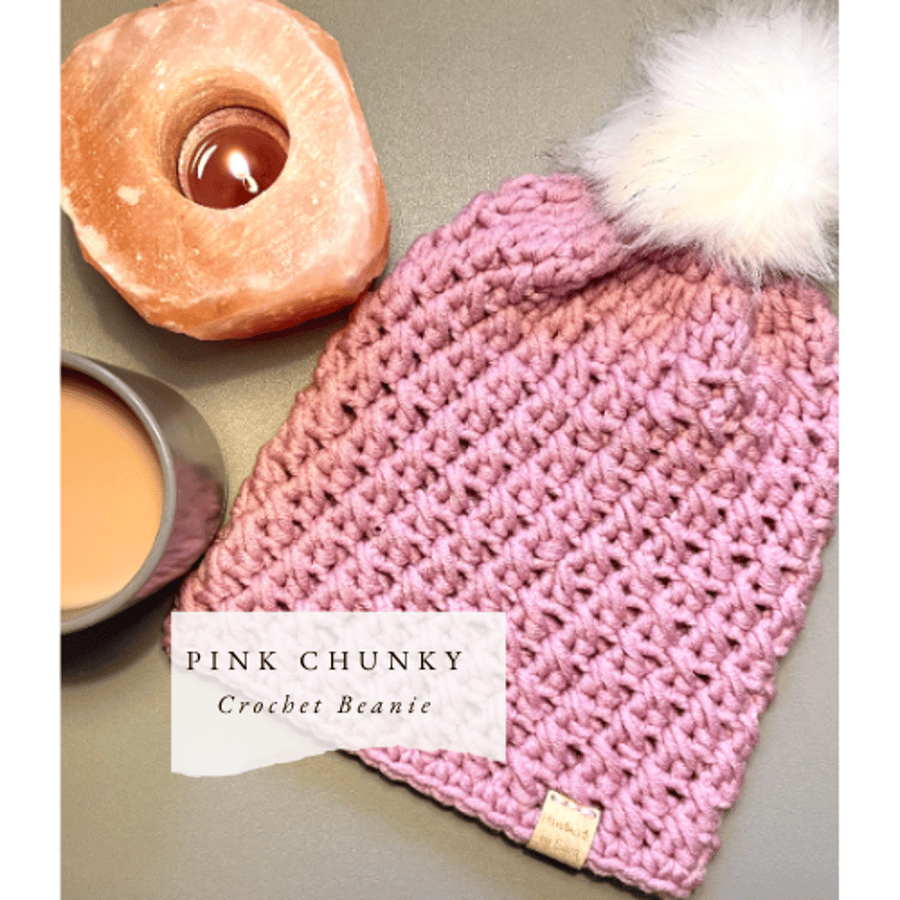 Hand Crocheted Pink Chunky Beanie In Adult Size