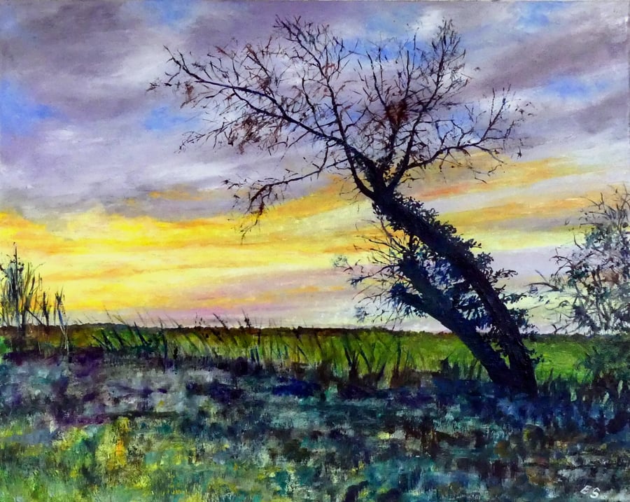 Fen Landscape Oil Painting  Winter Sunrise with Solitary Tree