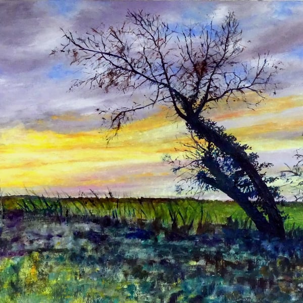 Fen Landscape Oil Painting  Winter Sunrise with Solitary Tree