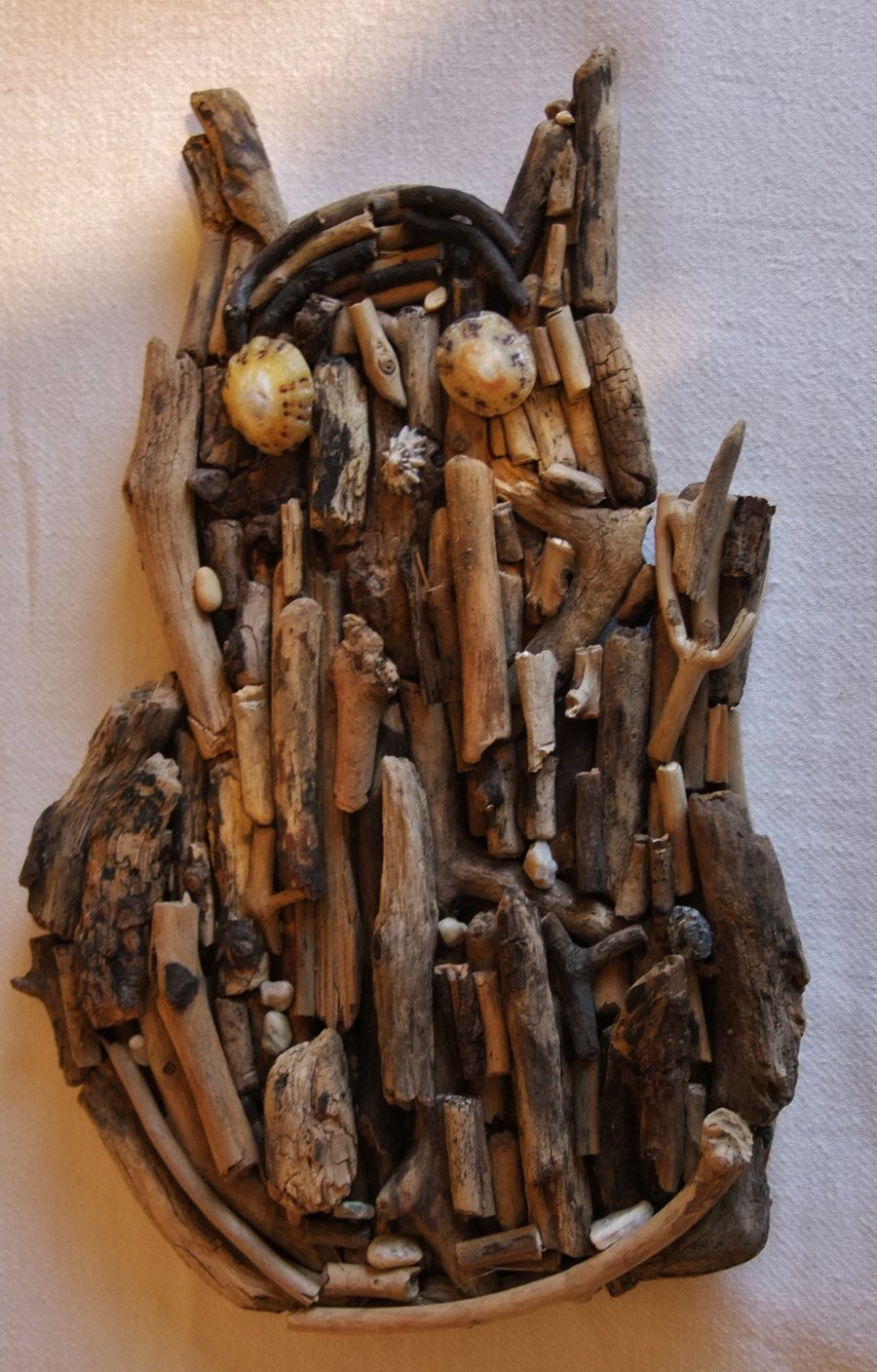 Driftwood cat or owl hand made shaped wallhanging, driftwood from Cornwall