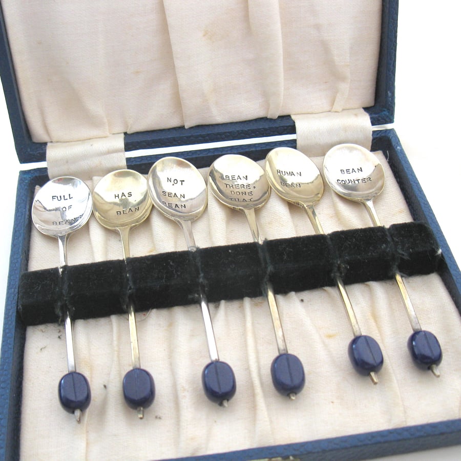 Coffee bean spoon set in box, six handstamped spoons with puns