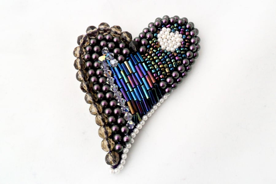 Purple heart shape beaded brooch