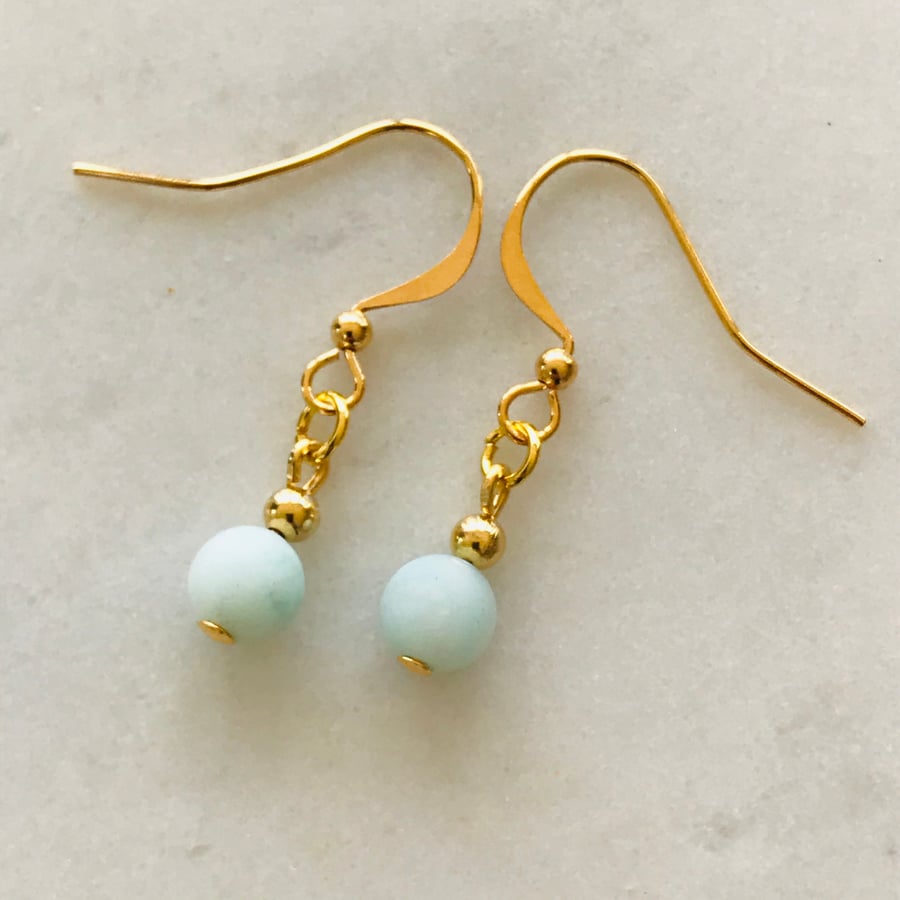 Frosted Amazonite sea blue and gold dangle earrings