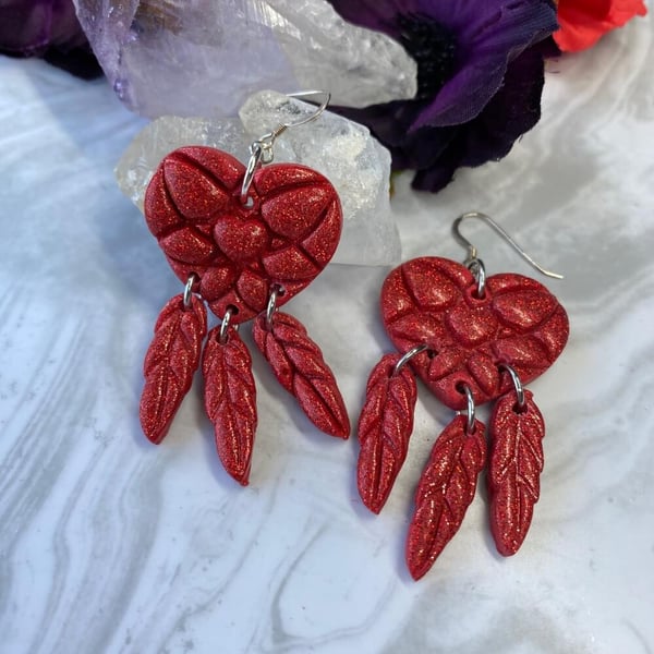 Red heart glitter dreamcatcher statement earrings on sterling silver.