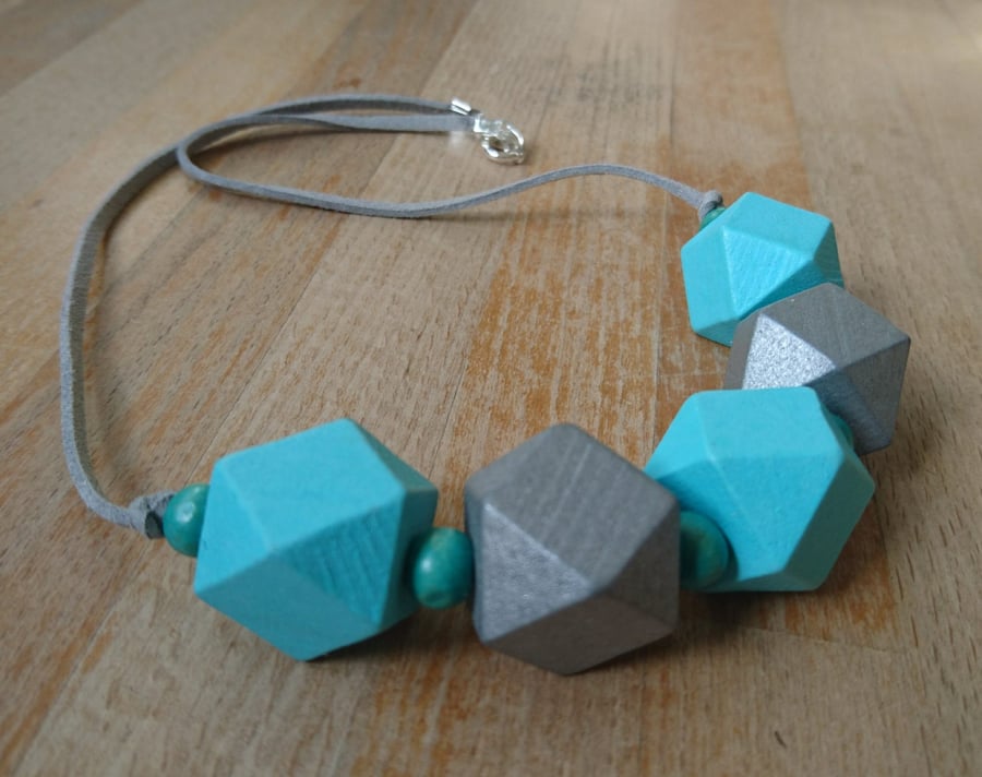 Chunky wooden geometric necklace in aqua and silver