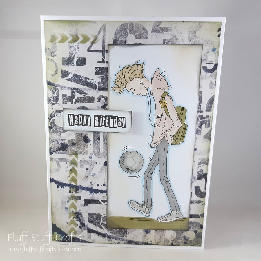 Handmade grunge style, footballing teenager birthday card