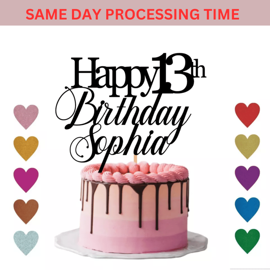 Happy Birthday Cake Topper, Custom Name and Age Cake Topper, 13th Cake Topper