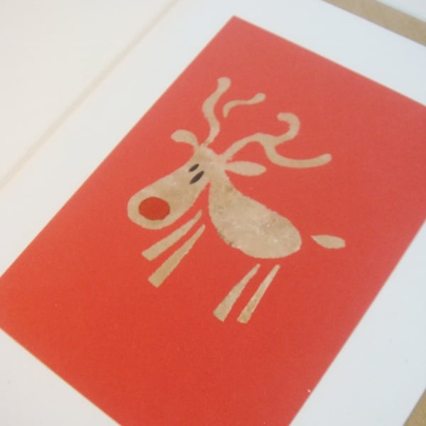 SALE Christmas Card, Rudy the Reindeer, red nose, seasons greetings hand painted